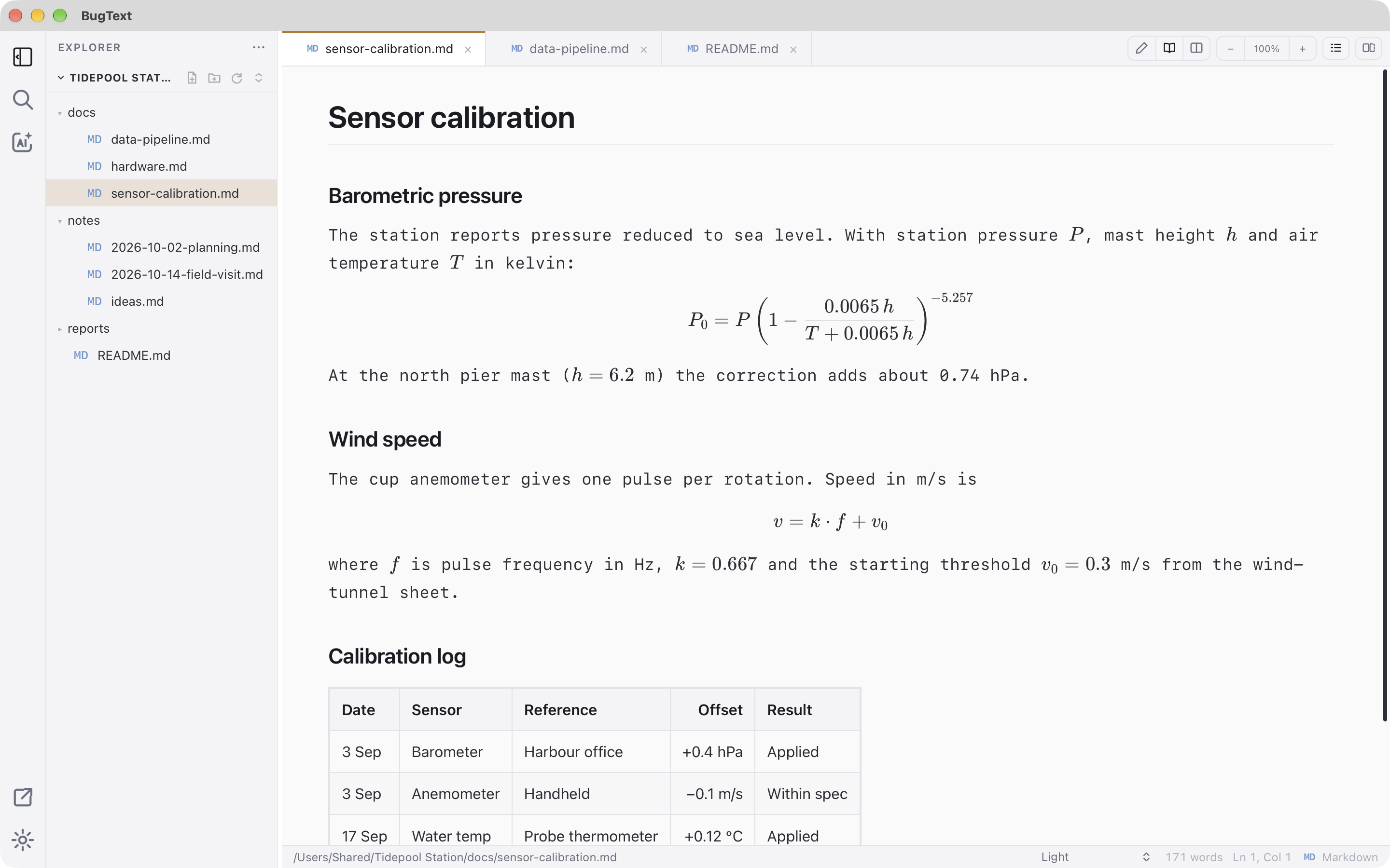Reading view with math and tables, light theme