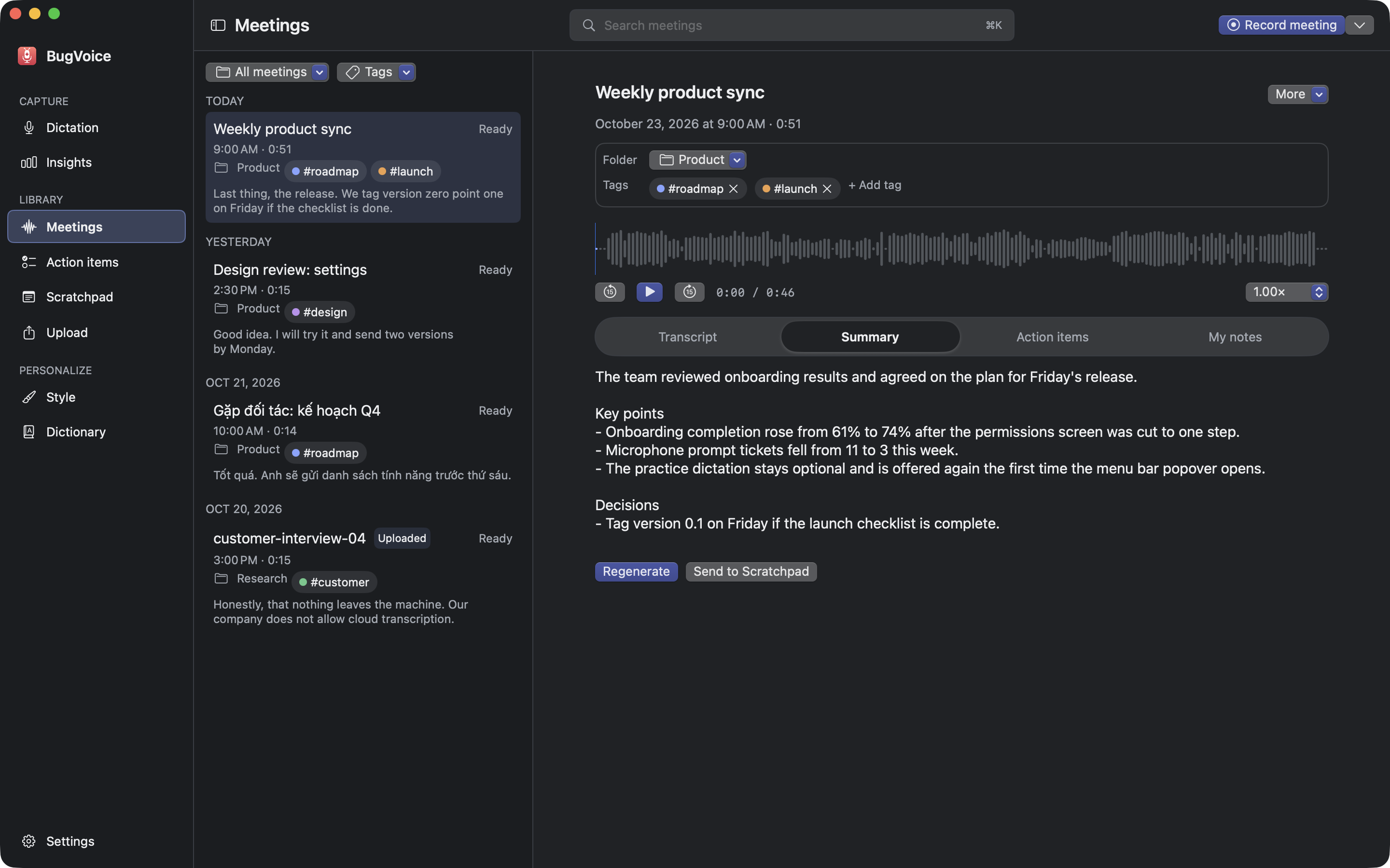 Meeting summary in dark mode
