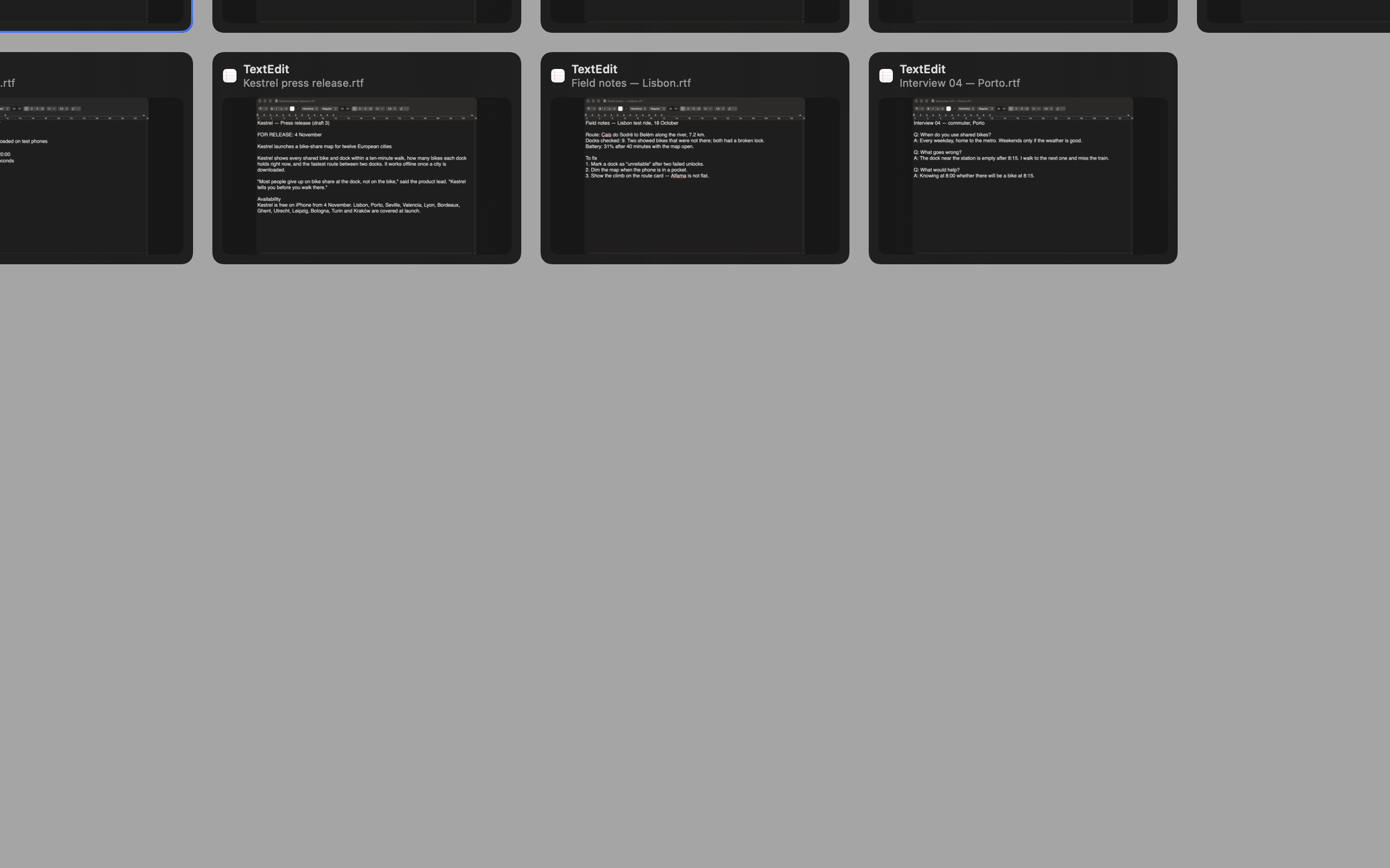 Window switcher filtered to one app, two cards selected