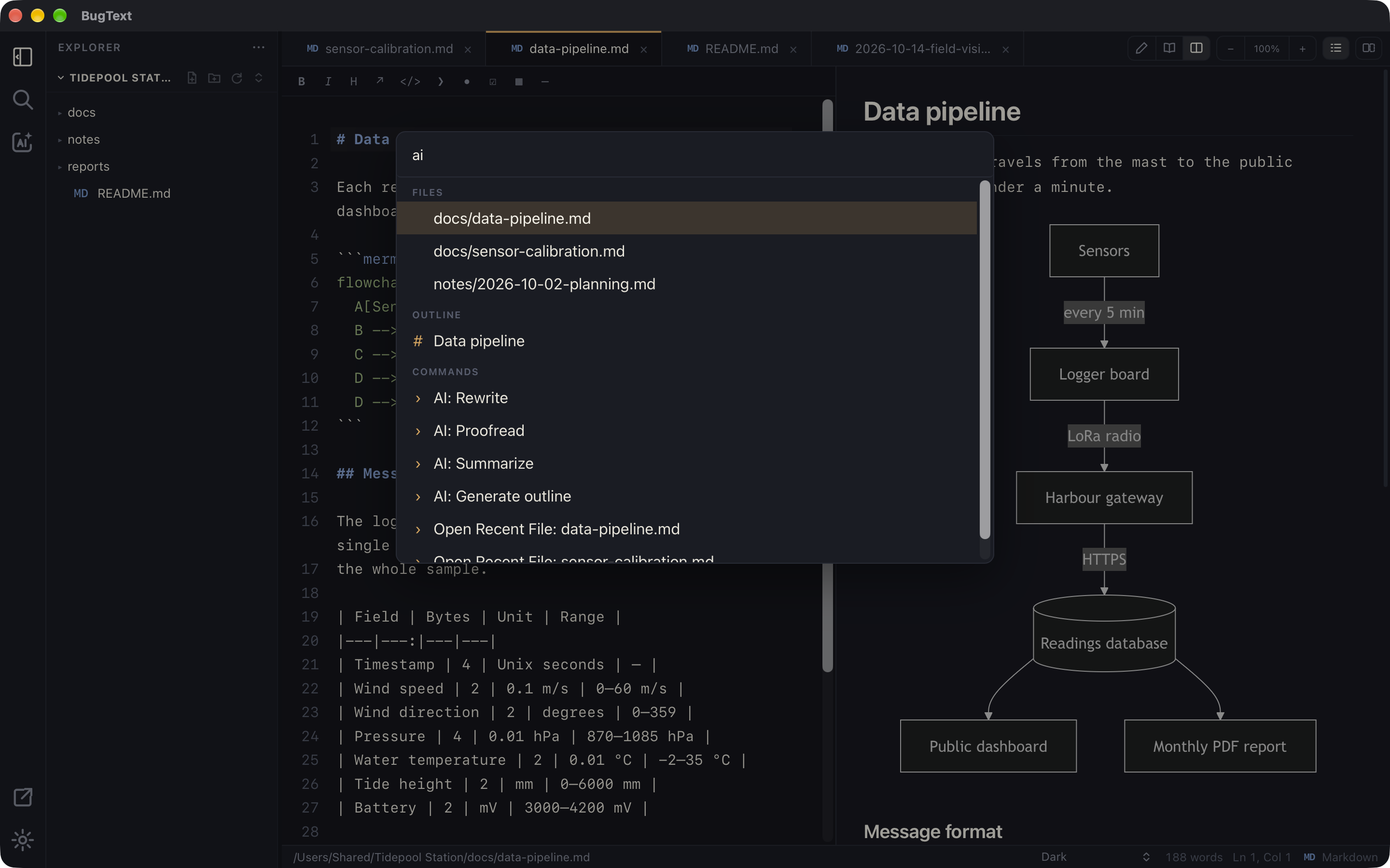 ⌘K palette: files, headings and commands