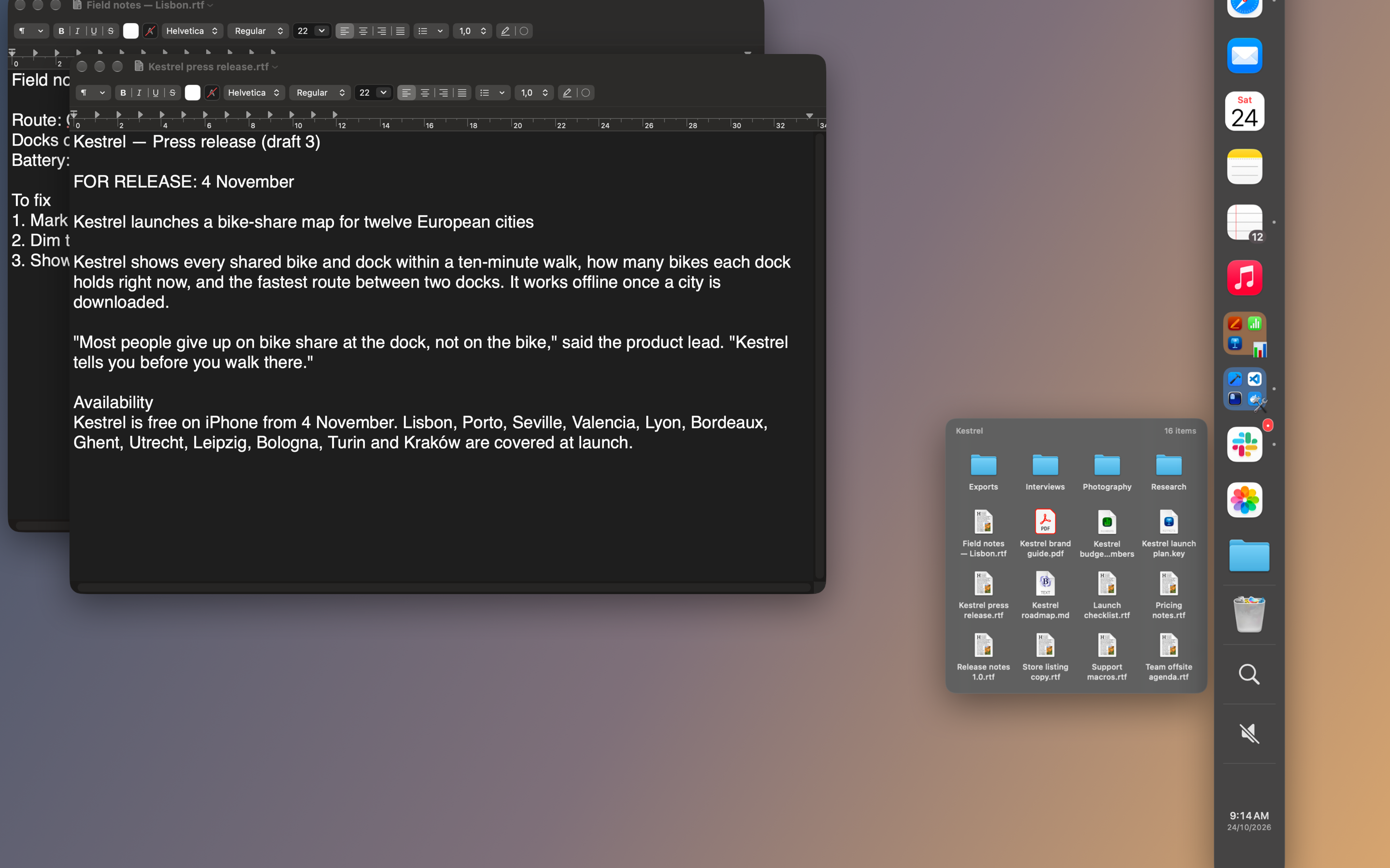 A project folder opened as a stack from the bar