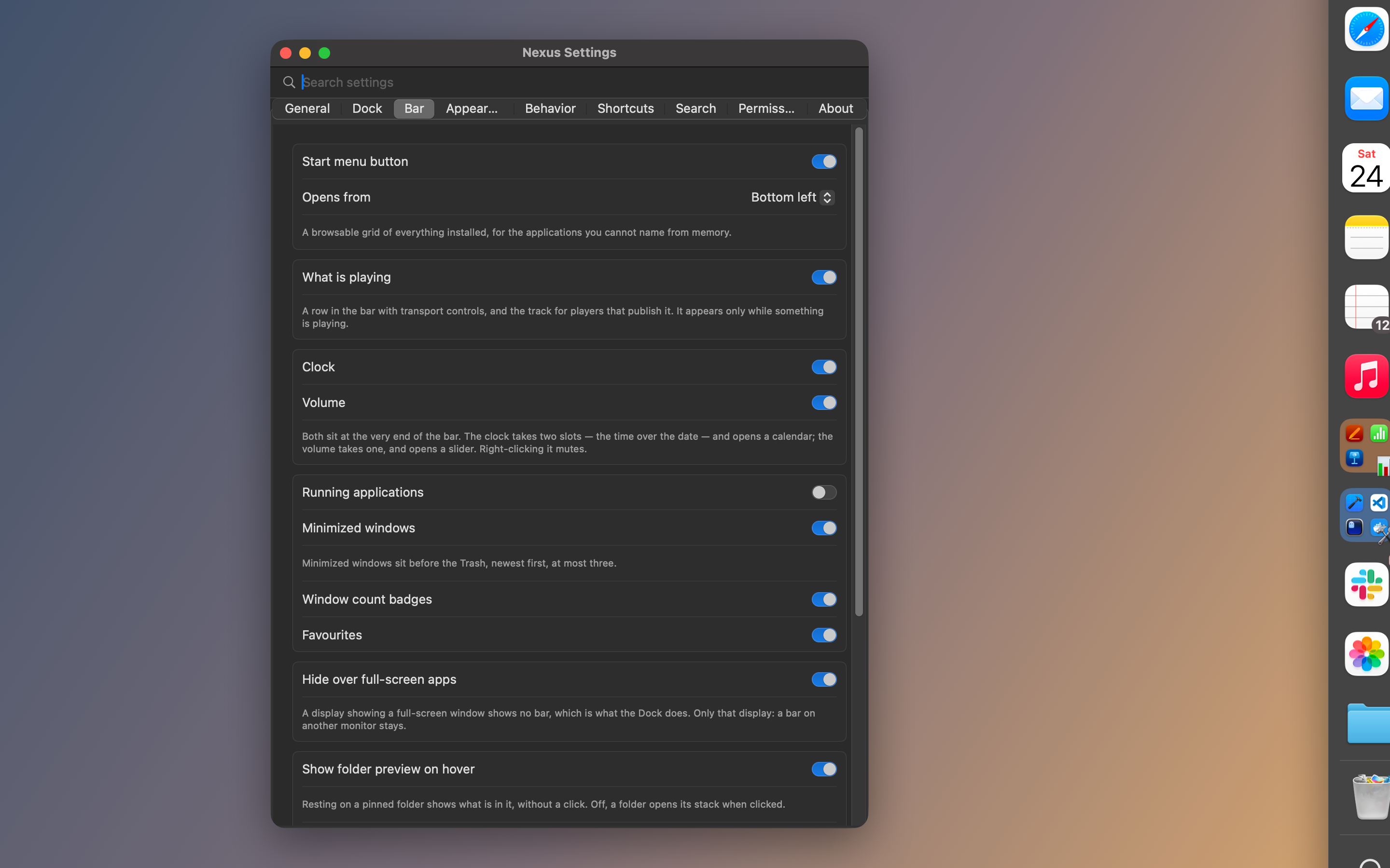 Settings, Bar tab: what the bar shows