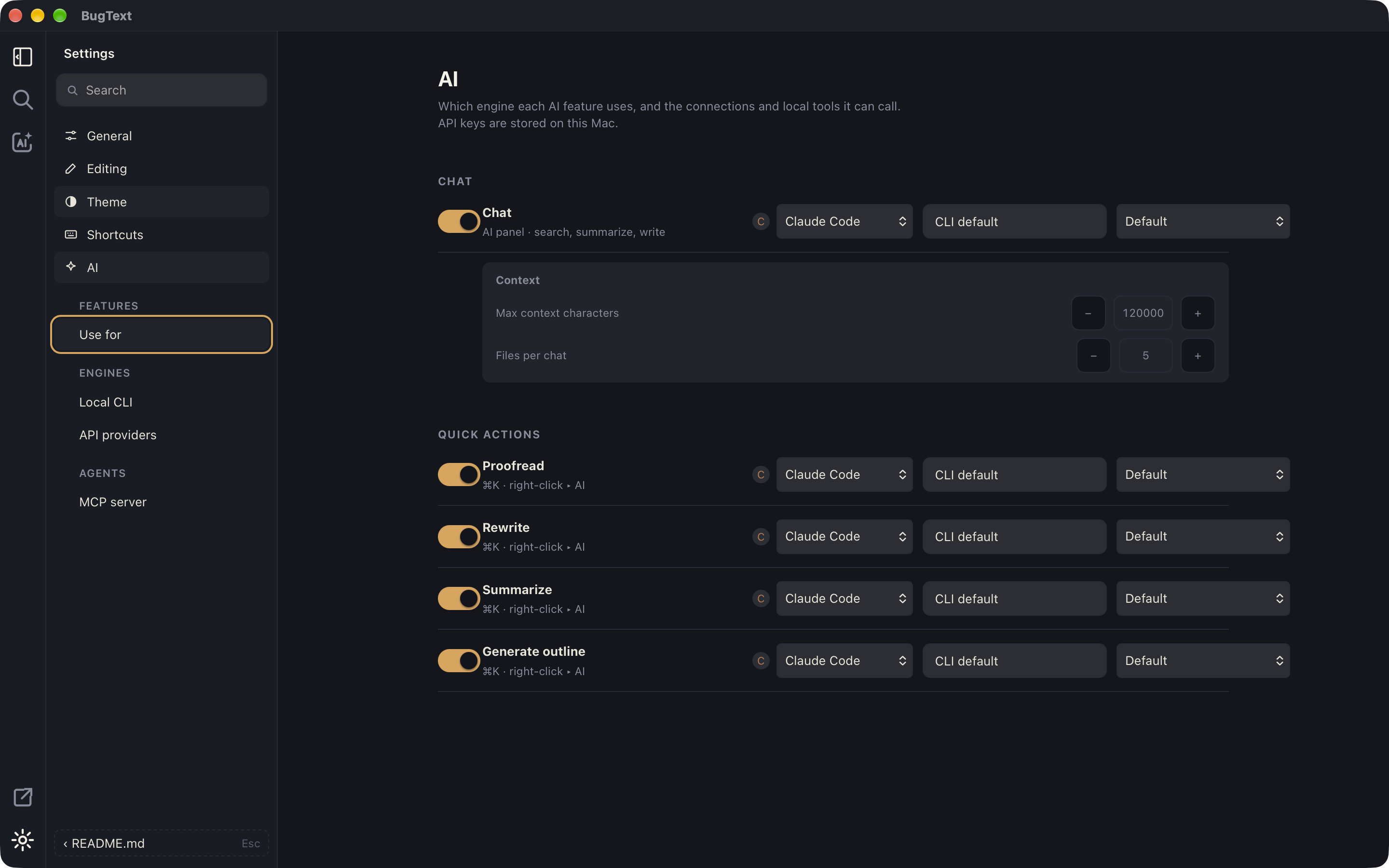 Settings: pick an engine for each AI feature