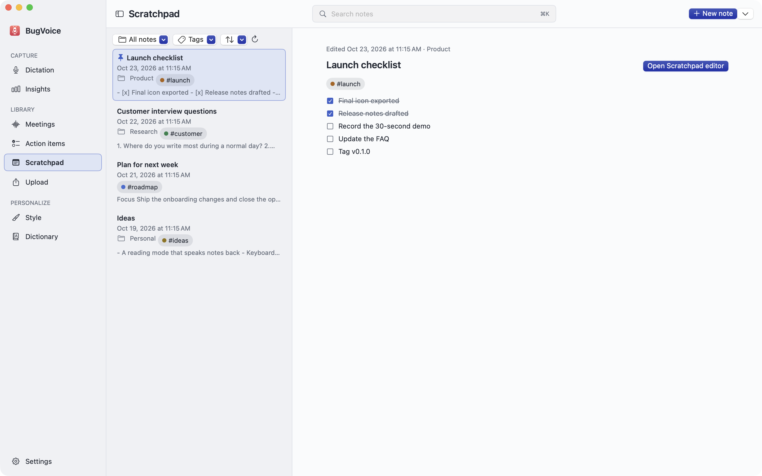 Scratchpad notes with folders and tags