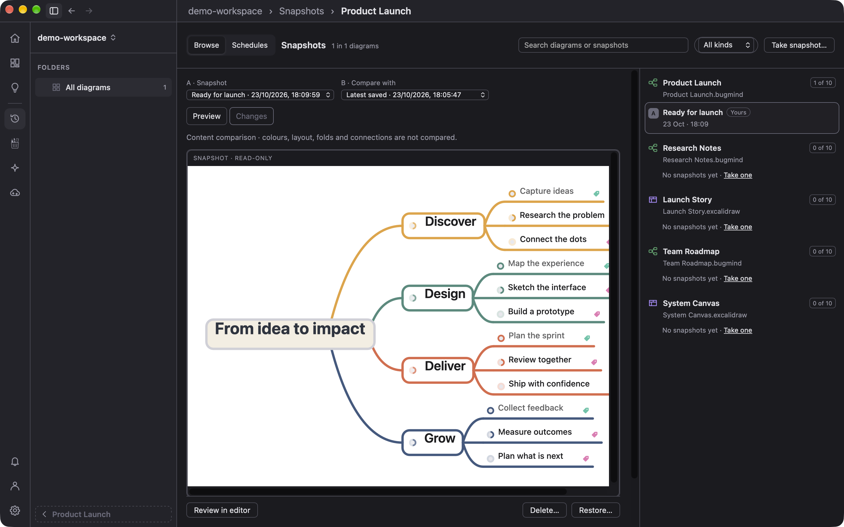 Snapshot library with a saved version preview