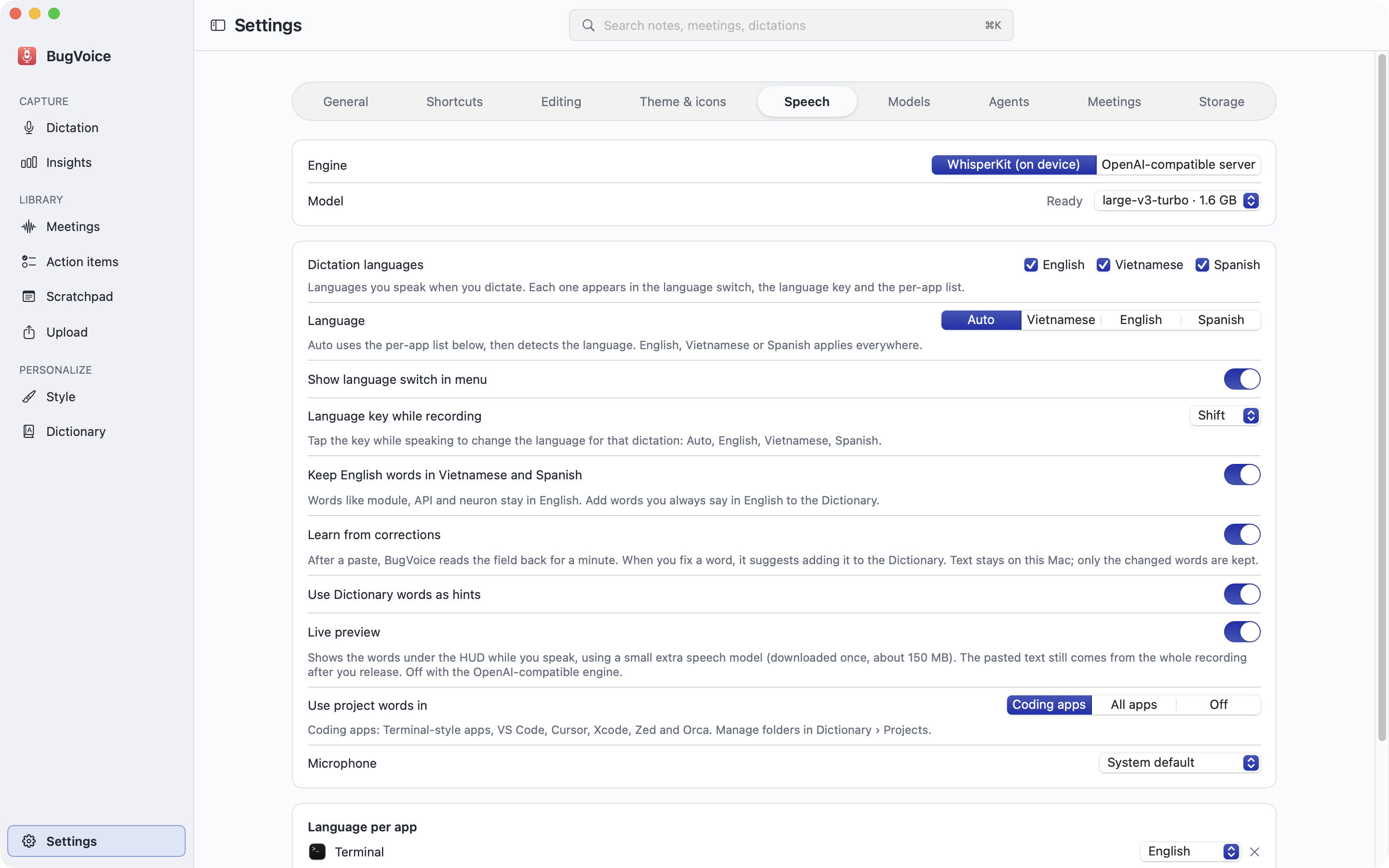 Speech settings: languages and on-device model