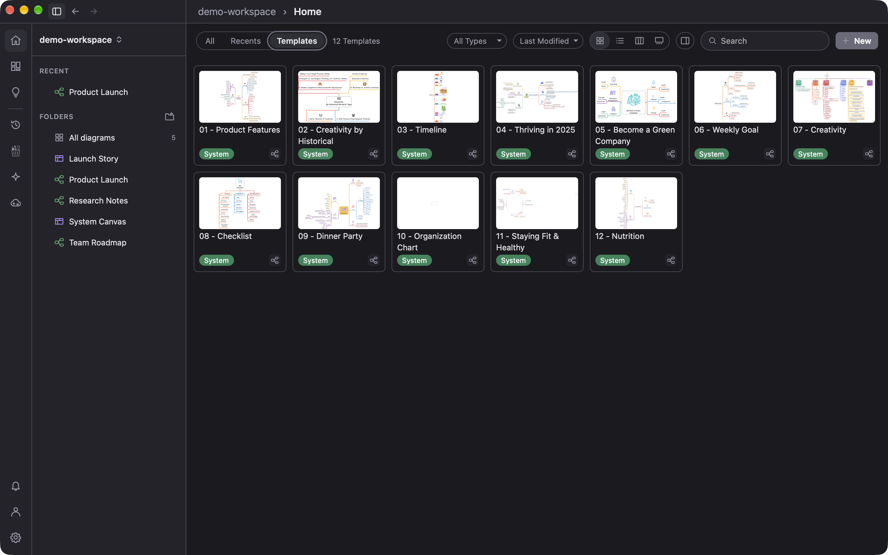 Built-in and saved templates for new documents